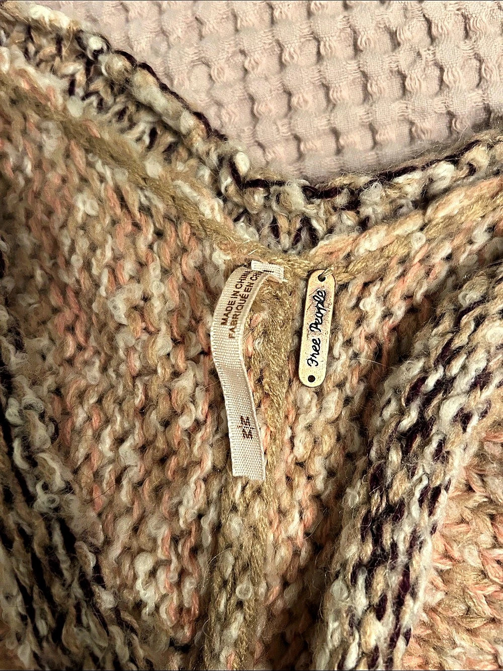 Free People Marled Cream and Burgundy Geometric Knit Cardigan - Picture 2 of 2